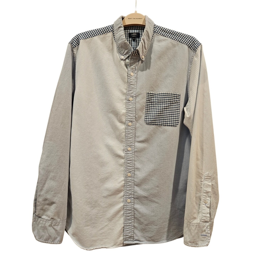 J. Crew Oxford Shirt Mens Large Gray Gingham Patchwork Long Sleeve Button Down